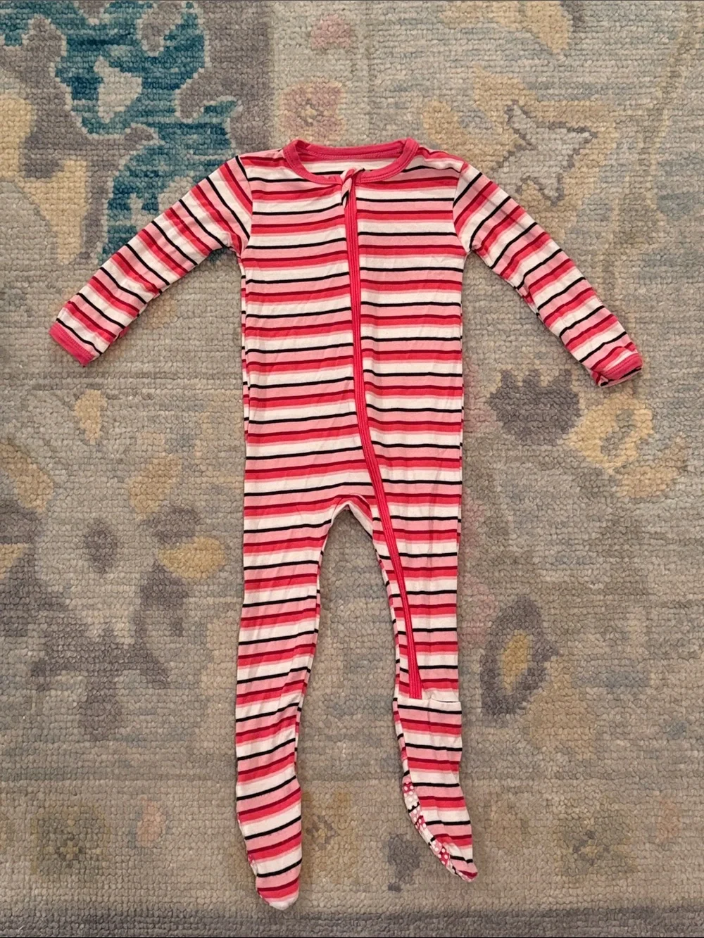Kickee Pants Pink, White & Black Striped Footed Bamboo One-Piece
